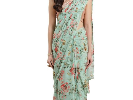 Ahalyaa Green & Peach Colored Printed Bagh Ready to Wear Saree Set Supply