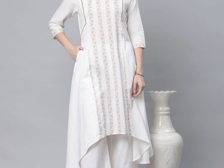 Ahalyaa Women s Off white Pure Cotton Printed Asymmetric Kurta Palazzo Set For Sale