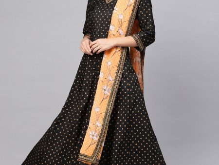 Ahalyaa Black and Gold Printed Anarkali Kurta Set For Women Discount