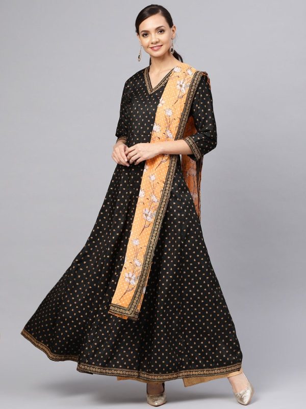 Ahalyaa Black and Gold Printed Anarkali Kurta Set For Women Discount