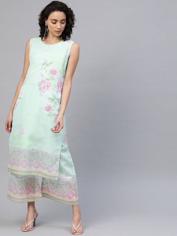 Ahalyaa Blue & Pink Floral Print Kurta With Palazzo For Discount