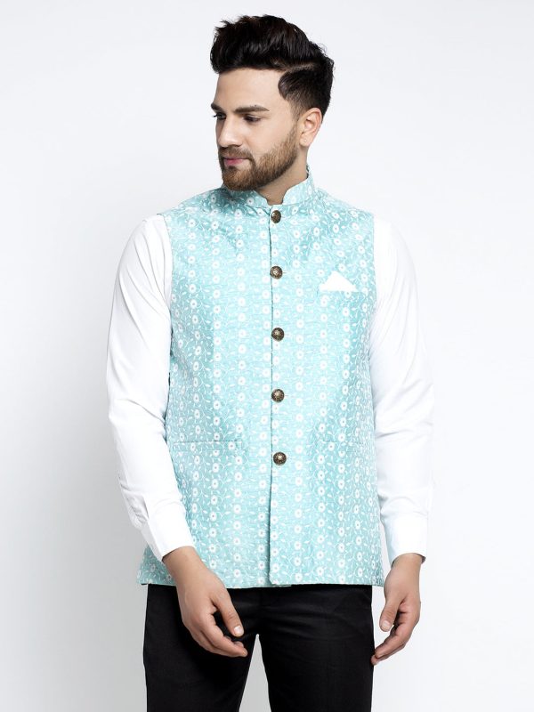 Jompers Men Beautiful Blue Embroidered Nehru Jacket Supply