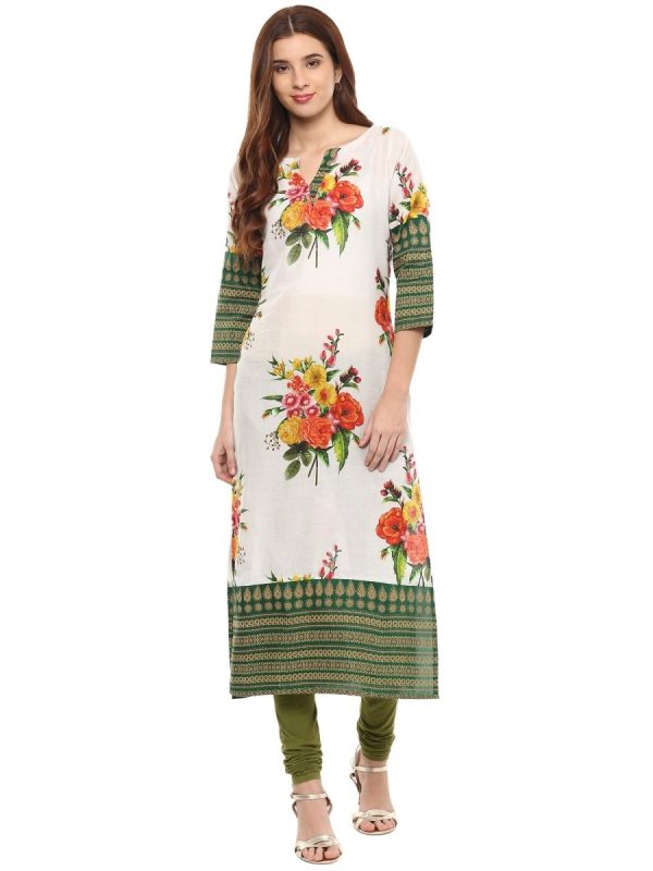 Ahalyaa Floral Cotton Blend Straight Off white Kurta Online Hot Sale