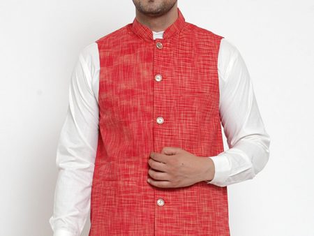 Jompers Men s Red Woven Design Nehru Jacket on Sale