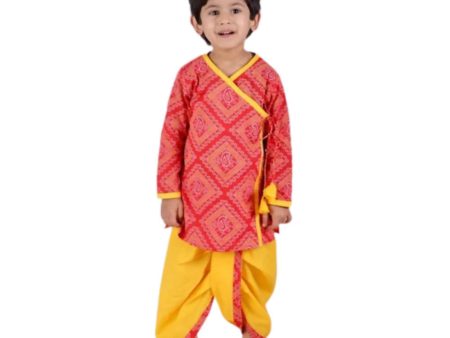 Little Bansi Boys Red and yellow Color Jaipuri Ambi Angrakha Kurta with Dhoti Sale