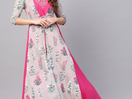 Ahalyaa Grey & Pink Floral Print Layered Anarkali Kurta Online Hot Sale