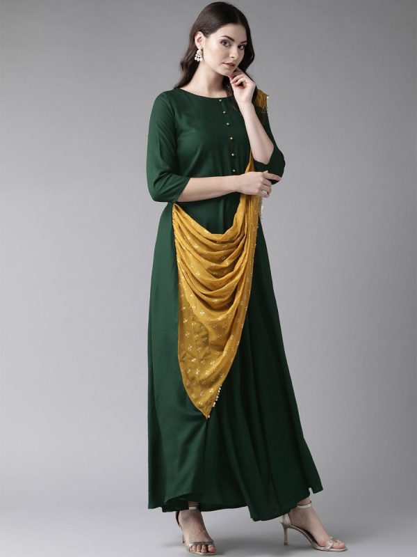 Ahalyaa Green & Mustard Yellow Solid Maxi Dress With Attached Dupatta Hot on Sale