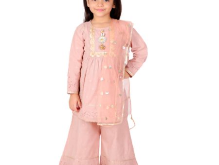 Little Bansi Girls Brown Tussel work Schiffli Kurta Frock with Plazzo and Dupatta Online now