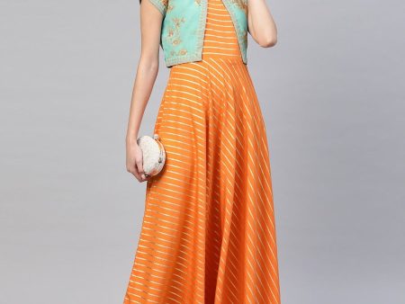 Ahalyaa Orange & Sea Green Striped Maxi Dress with Ethnic Jacket For Cheap