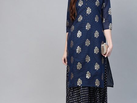 Ahalyaa Navy Blue & Golden Foil Printed Layered Maxi Dress Discount