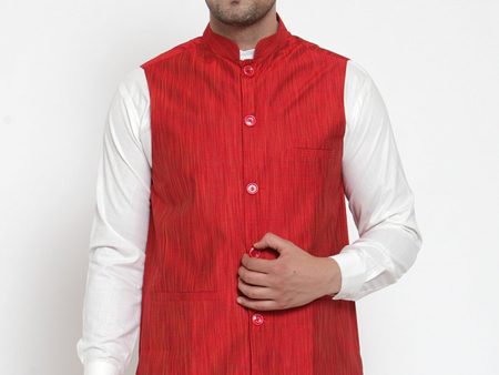 Jompers Men s Beautiful Red Woven Design Nehru Jacket For Cheap