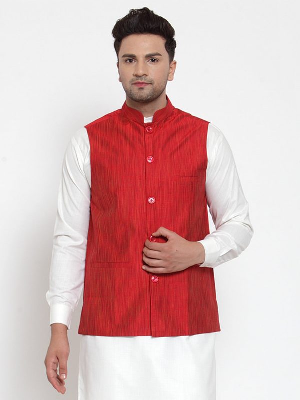 Jompers Men s Beautiful Red Woven Design Nehru Jacket For Cheap