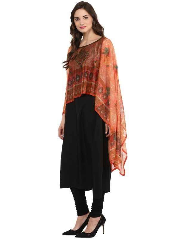 Ahalyaa Black Crepe Printed Kurta With Attached Dupatta For Women For Cheap