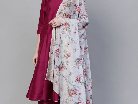 Ahalyaa Magenta & Grey Solid Anarkali Kurta with Palazzos & Floral Dupatta Sale