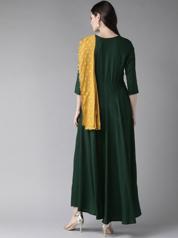 Ahalyaa Green & Mustard Yellow Solid Maxi Dress With Attached Dupatta Hot on Sale