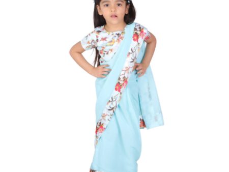 Little Bansi Girls 90 s Era Saree with Silk Floral Blouse - Sky Blue Fashion