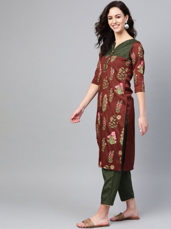 Ahalyaa Brown & Olive Green Printed Kurta with Palazzo Hot on Sale