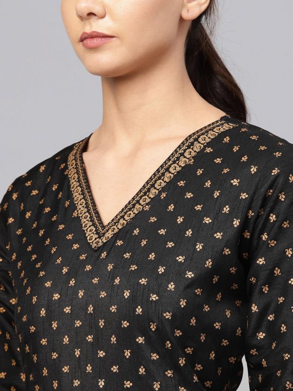 Ahalyaa Black and Gold Printed Anarkali Kurta Set For Women Discount