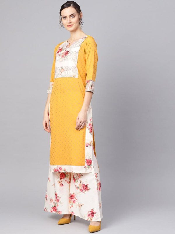 Ahalyaa Mustard Yellow & Cream-Coloured Printed Kurta with Palazzos & Dupatta For Sale