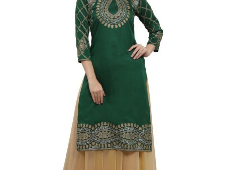 Ahalyaa Women s Green Poly Silk Gold Foil Print Kurta on Sale