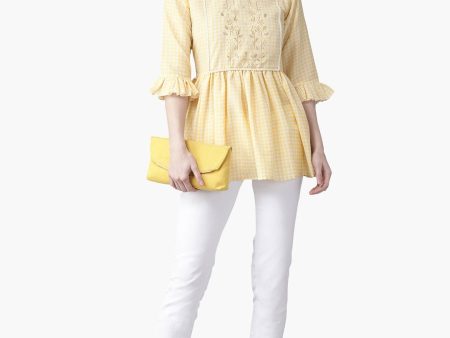 Ahalyaa Yellow & White Checked A-Line Top on Sale