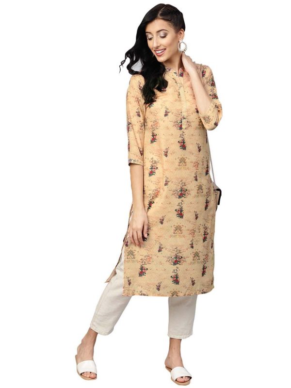 Ahalyaa Beige Dusty Print Straight Kurta For Women For Discount