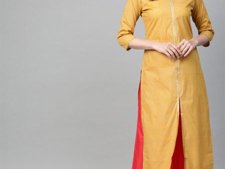 Ahalyaa Mustard Yellow & Coral Red Printed Kurta with Palazzo Hot on Sale