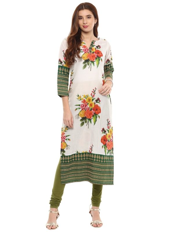 Ahalyaa Floral Cotton Blend Straight Off white Kurta Online Hot Sale