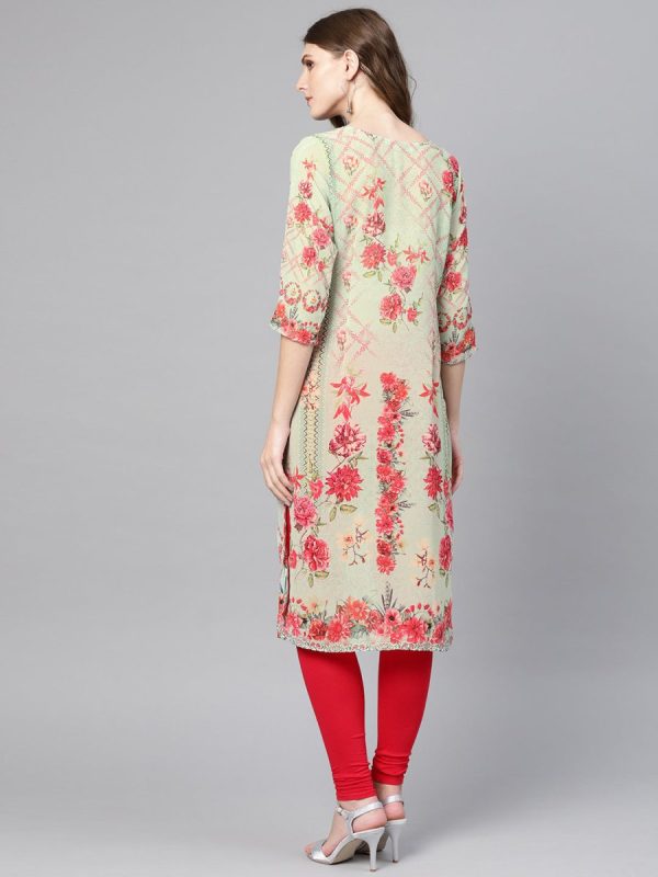 Ahalyaa Green & Coral Pink Floral Print Straight Kurta Hot on Sale