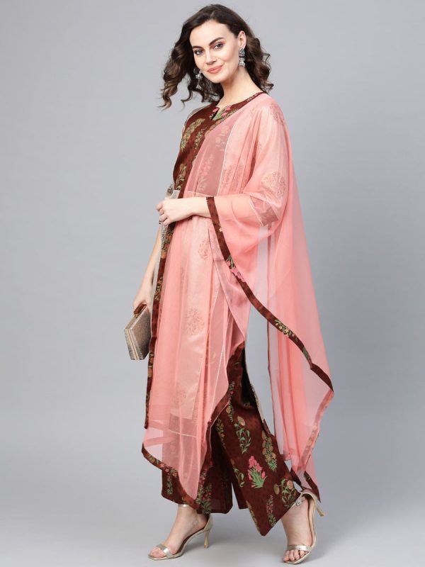 Ahalyaa Grey & Coffee Brown Printed Kurta with Palazzo & Dupatta Supply