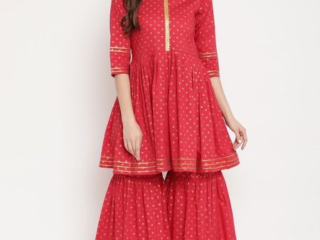 Ahalyaa Women s Red Cotton Gold Print Kurta Sharara Set Fashion