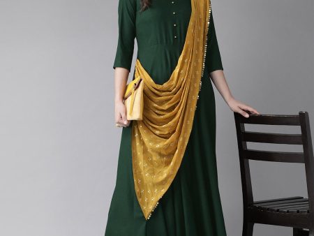 Ahalyaa Green & Mustard Yellow Solid Maxi Dress With Attached Dupatta Hot on Sale