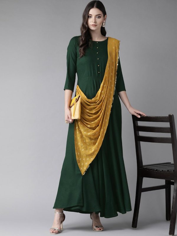 Ahalyaa Green & Mustard Yellow Solid Maxi Dress With Attached Dupatta Hot on Sale