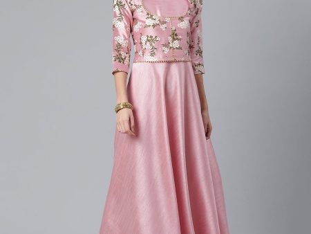 Ahalyaa Art Silk Pink Solid Kurta With Attached Floral Print Jacket For Discount