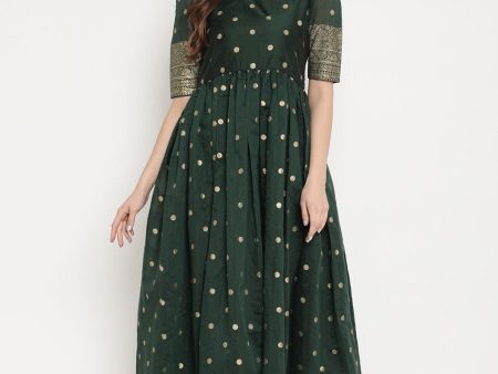 Ahalyaa Women Beautiful Green Print Work Chanderi Silk Anarkali Kurta Sale