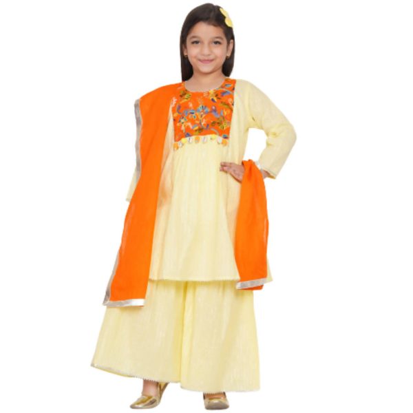 Little Bansi Girls Yellow & Orange Color Mirror work Kurta frock with Sharara & Dupatta Supply