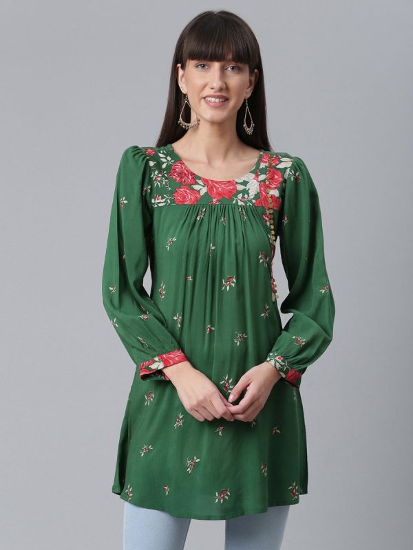 Ahalyaa Green & Pink Printed Tunic Online Hot Sale