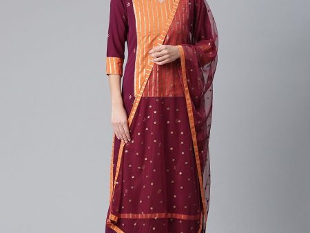 Ahalyaa Wine Crepe Solid Kurta Palazzo Set With Printed Dupatta Online