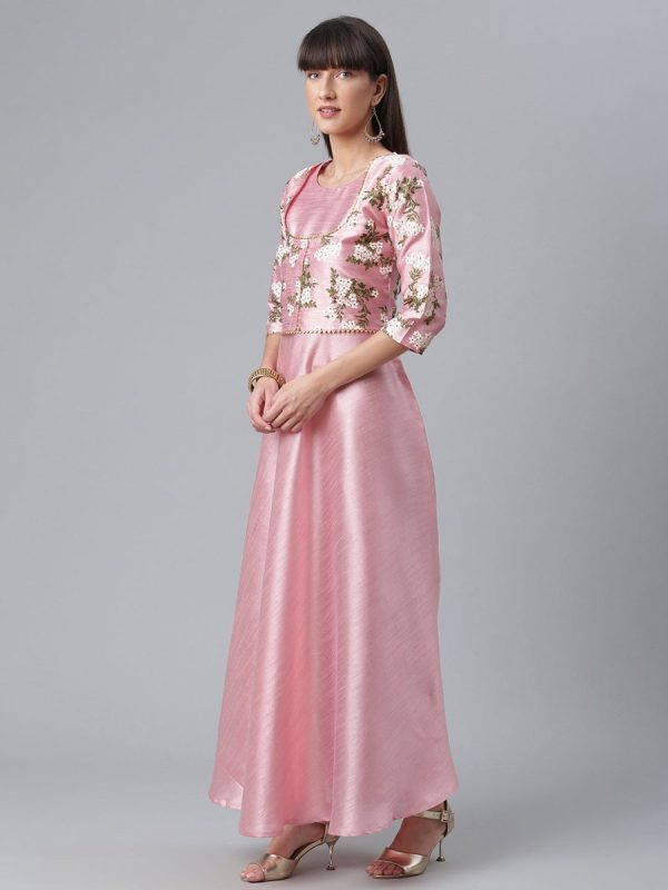 Ahalyaa Art Silk Pink Solid Kurta With Attached Floral Print Jacket For Discount