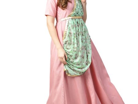 Ahalyaa Pink & Green Solid Maxi Dress with Attached Dupatta Cheap