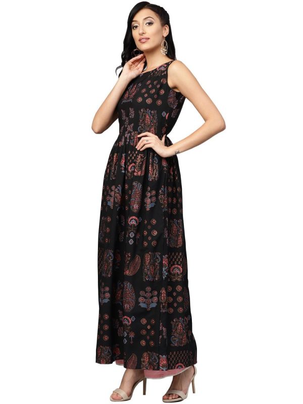 Ahalyaa Black Printed Flare Kurta Dress For Women Discount