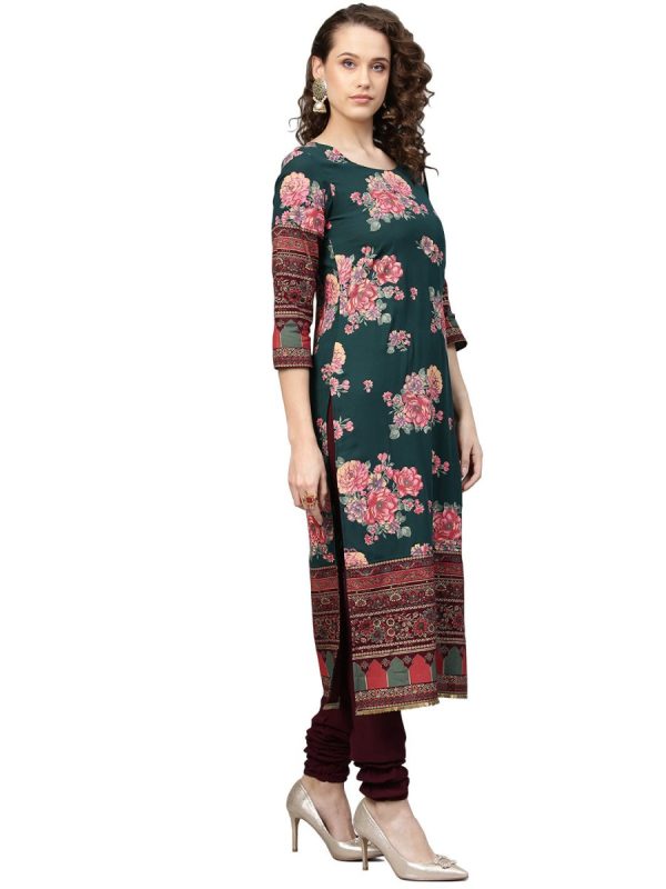 Ahalyaa Green & Burgundy Printed Kurta with Churidar & Dupatta Cheap