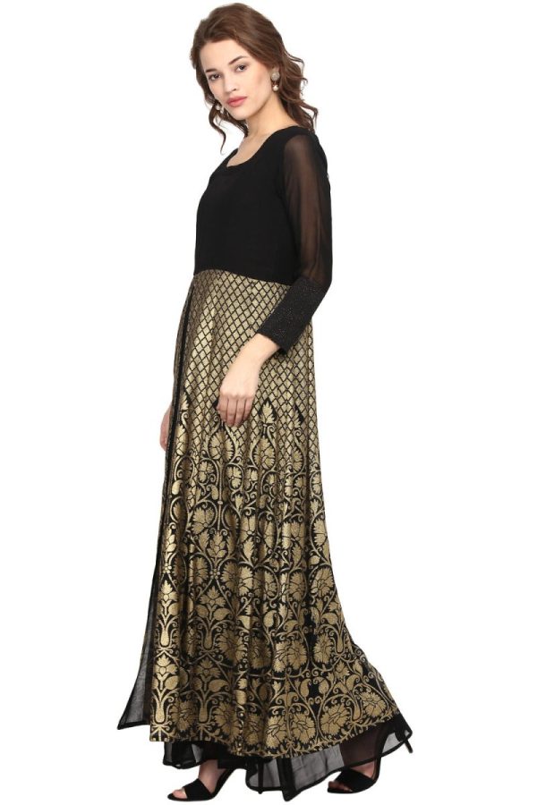 Ahalyaa Black & Golden Foil Print A-Line Kurta For Women Hot on Sale