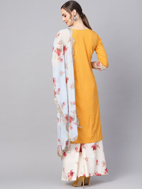 Ahalyaa Mustard Yellow & Cream-Coloured Printed Kurta with Palazzos & Dupatta For Sale