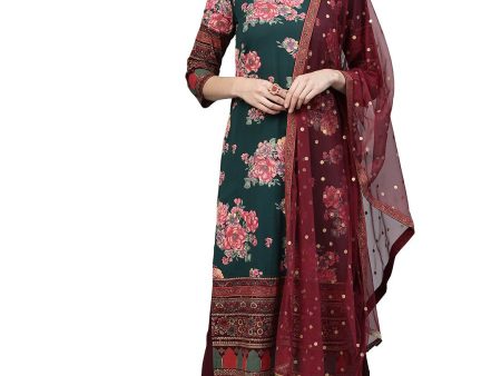 Ahalyaa Green & Burgundy Printed Kurta with Churidar & Dupatta Cheap