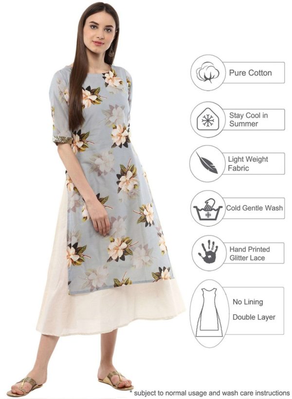 Ahalyaa Ash Blue & Cream Floral Cotton Blend Double Layered Summer Kurta Dress Fashion