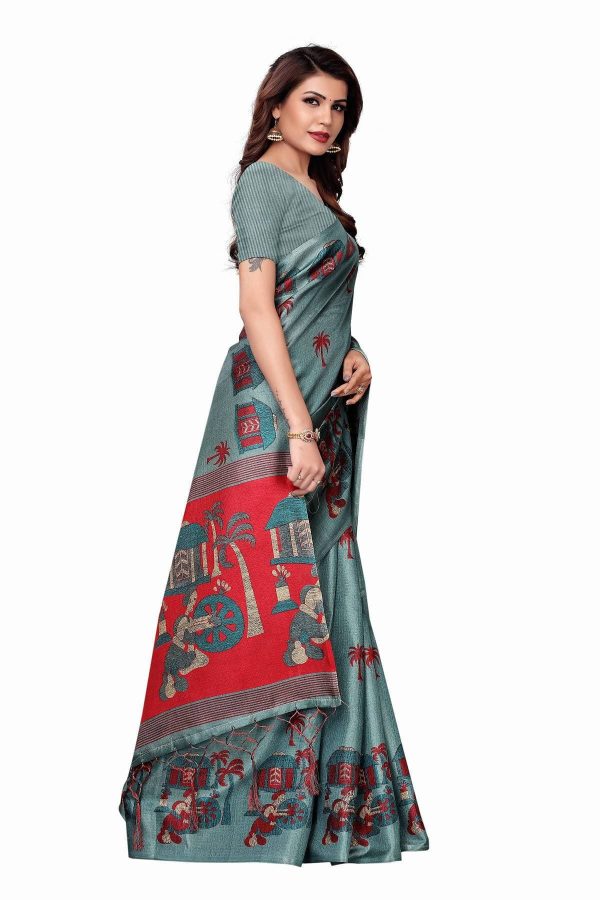 Vamika Sea Green Kalamkari With Jhalar Khadi Silk Saree Discount