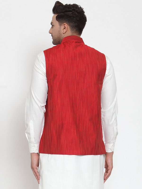 Jompers Men s Beautiful Red Woven Design Nehru Jacket For Cheap