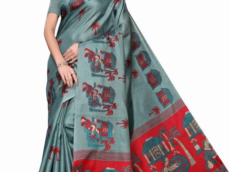 Vamika Sea Green Kalamkari With Jhalar Khadi Silk Saree Discount