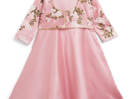 Ahalyaa Girls Pink Poly Silk Solid Kids Kurta With Printed Jacket on Sale